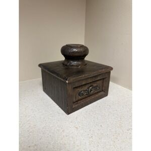 Vintage 1973 OL Faux Wood Ceramic Box Trinket Stash Pill Box with Lid